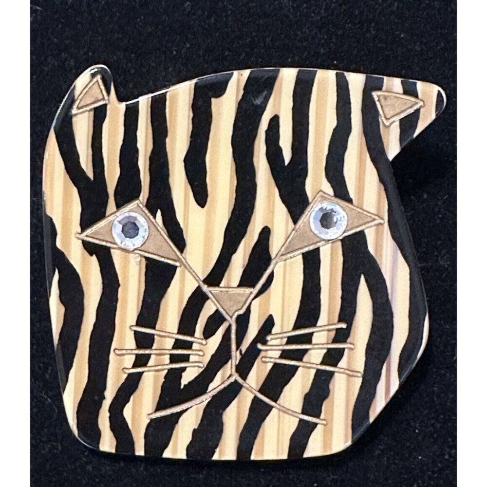 Vintage Large Rhinestone Eyed Tiger Cat Animal Brooch Pin Rhodoid
